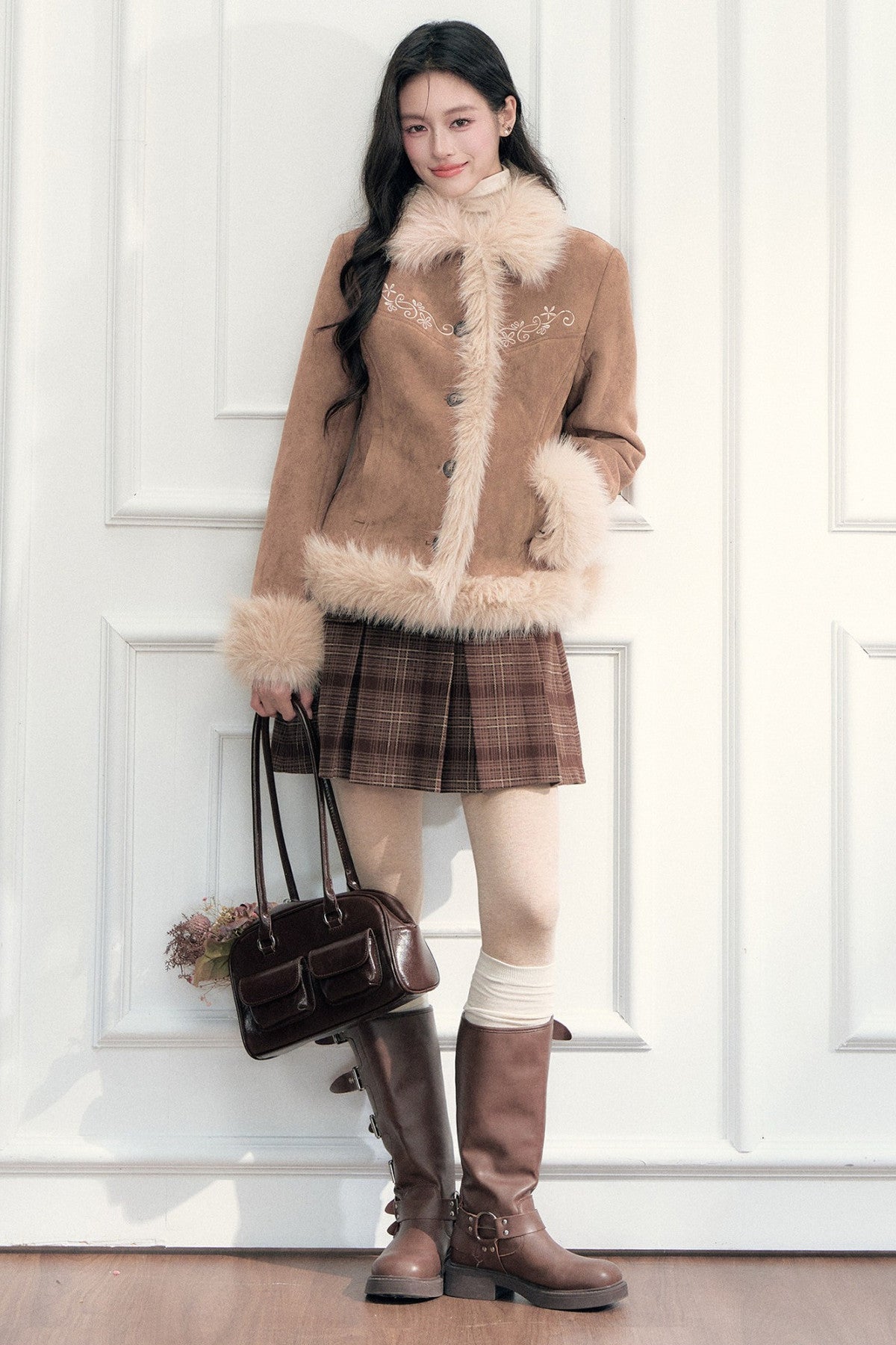 Double-Breasted Pleated Plaid A-Line Skirt