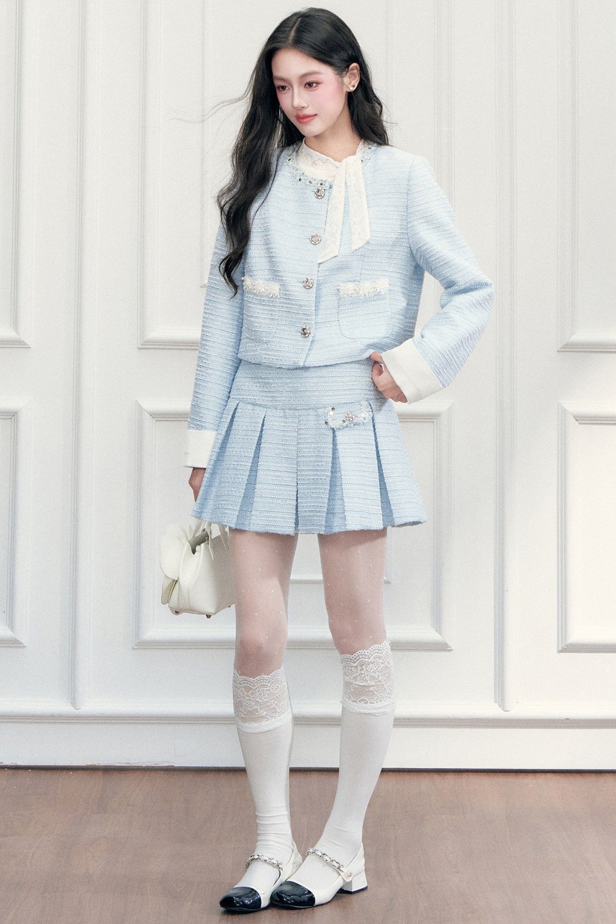 Beaded Tweed Jacket Pleated Skirt Set-Up