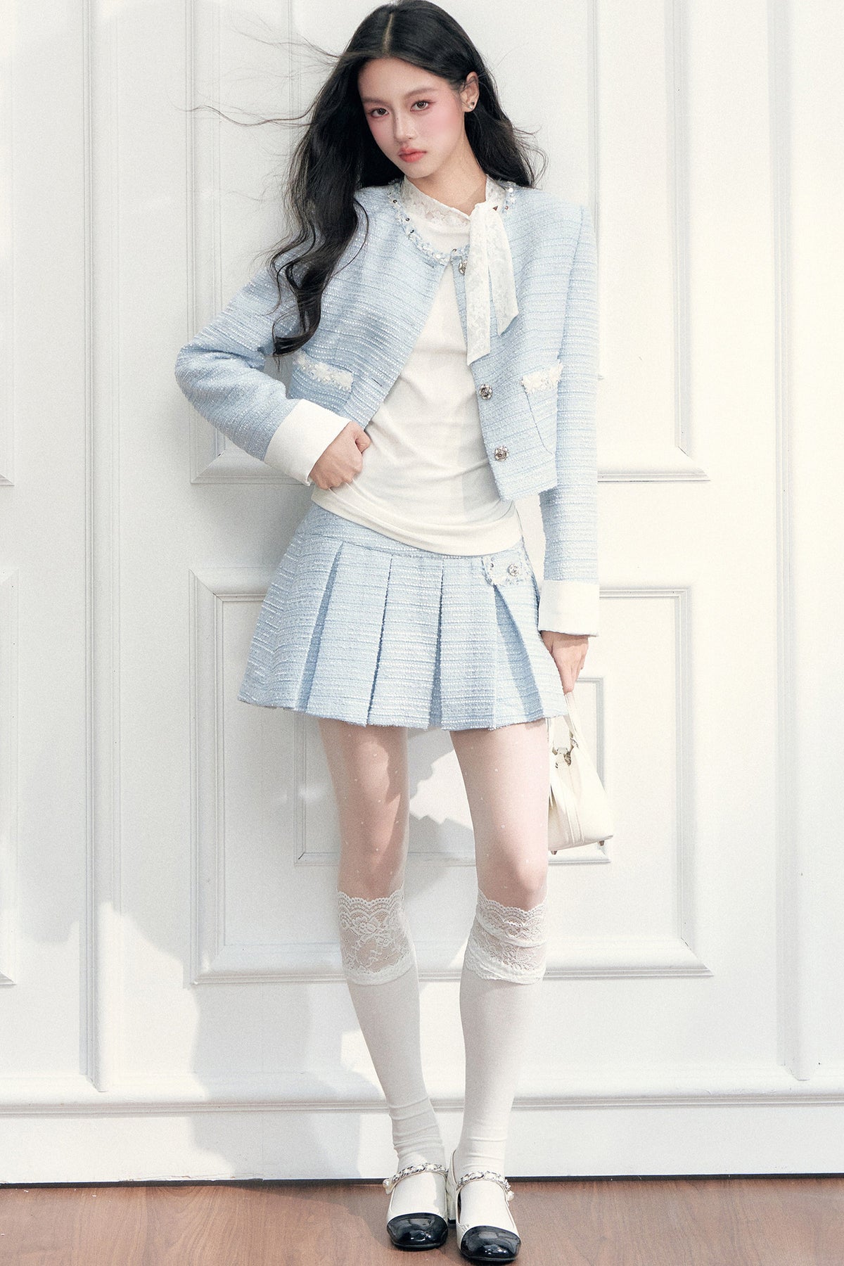 Beaded Tweed Jacket Pleated Skirt Set-Up