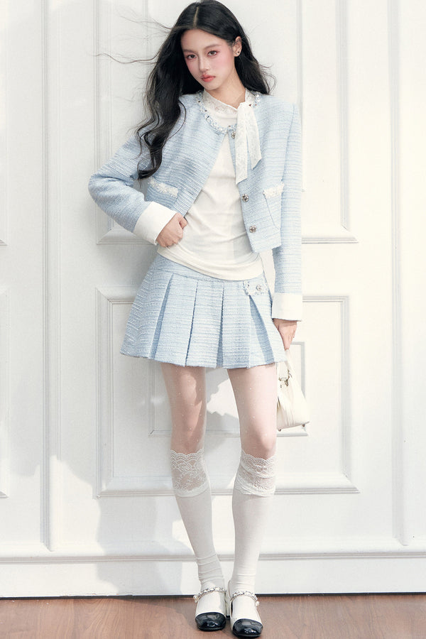 Beaded Tweed Jacket Pleated Skirt Set-Up