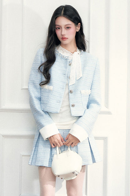 Beaded Tweed Jacket Pleated Skirt Set-Up