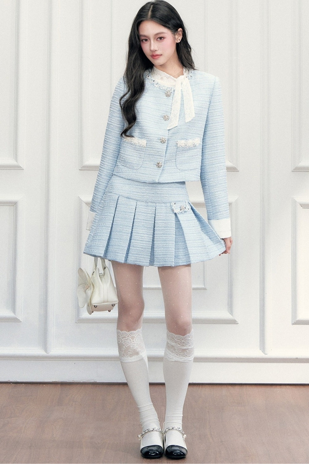Beaded Tweed Jacket Pleated Skirt Set-Up