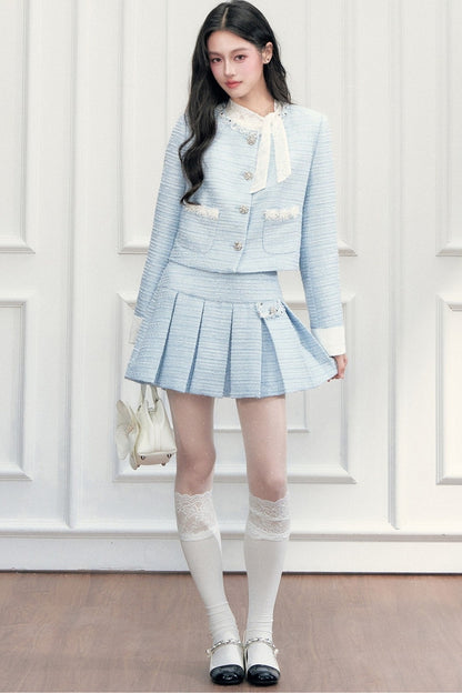 Beaded Tweed Jacket Pleated Skirt Set-Up