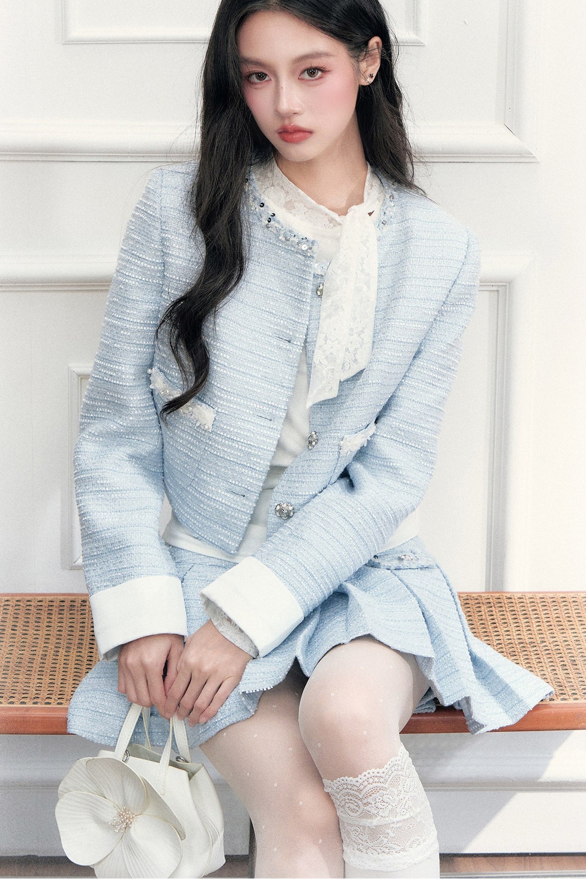 Beaded Tweed Jacket Pleated Skirt Set-Up