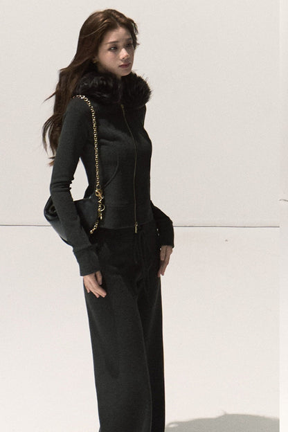Detachable Fur Collar Knit Jacket and Wide-Leg Pants Set-Up