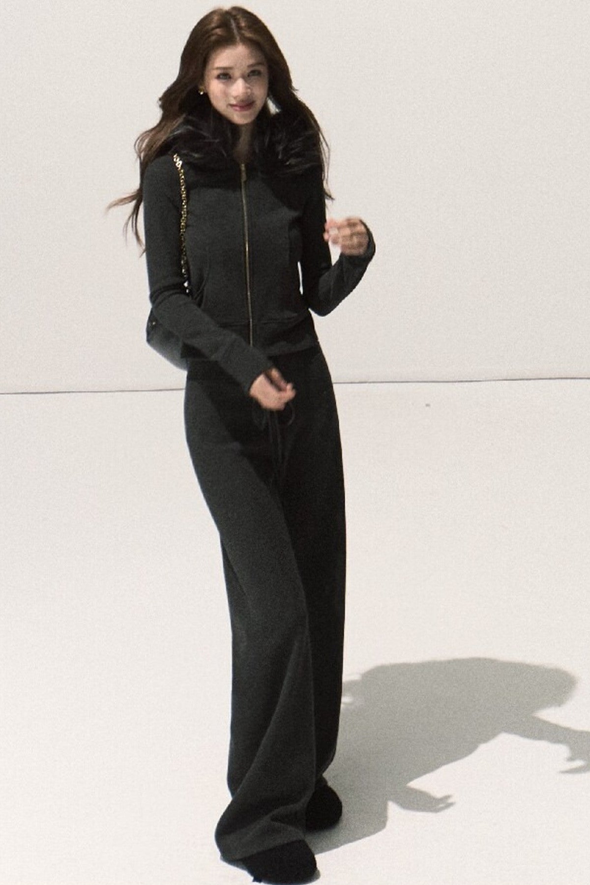Detachable Fur Collar Knit Jacket and Wide-Leg Pants Set-Up