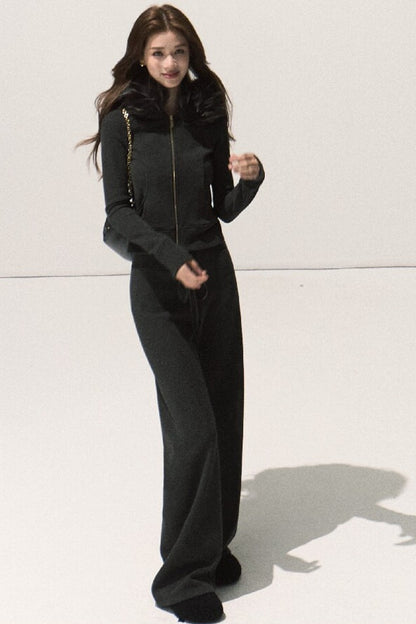 Detachable Fur Collar Knit Jacket and Wide-Leg Pants Set-Up