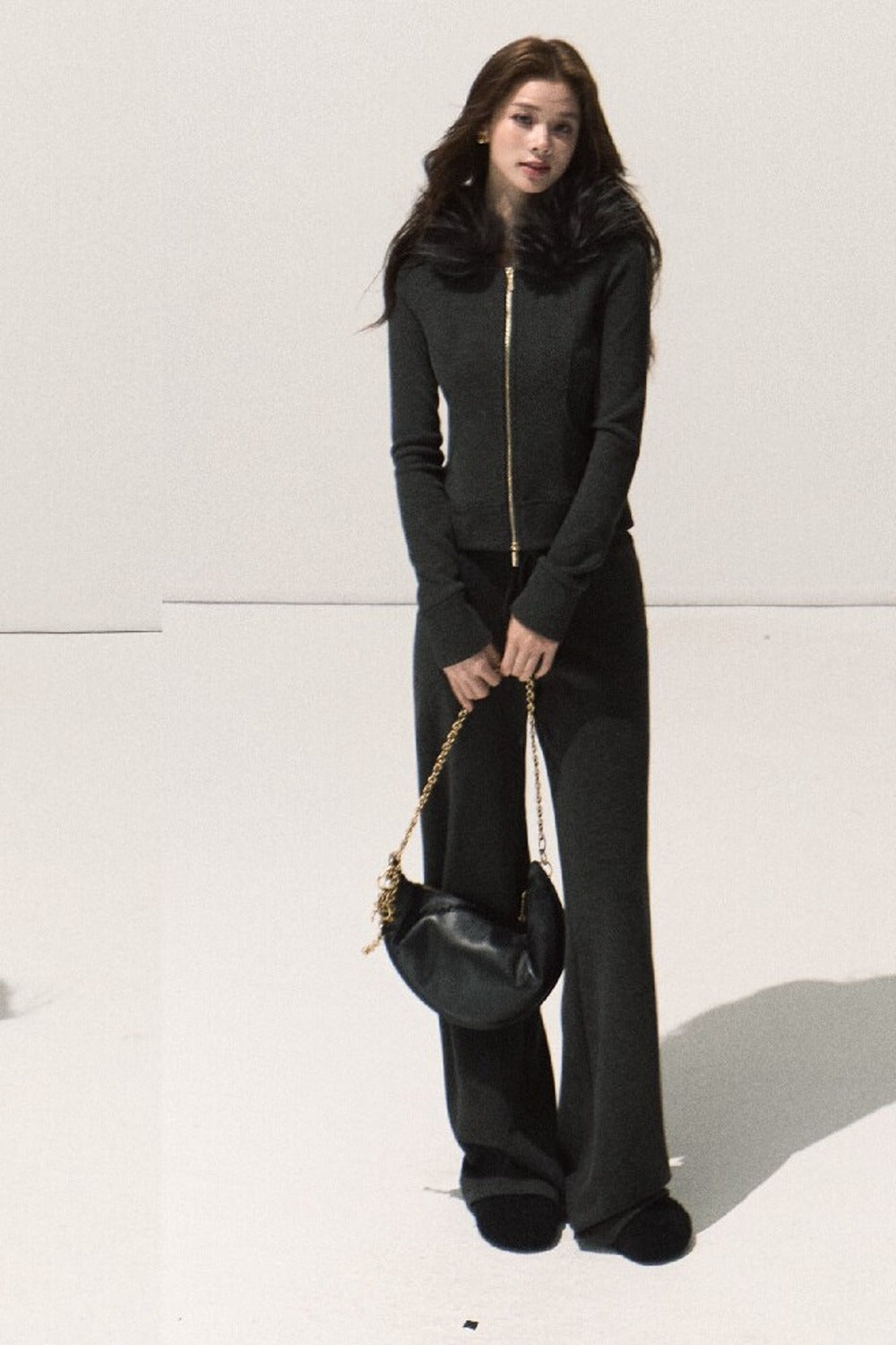 Detachable Fur Collar Knit Jacket and Wide-Leg Pants Set-Up