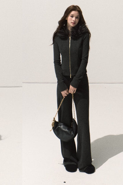 Detachable Fur Collar Knit Jacket and Wide-Leg Pants Set-Up