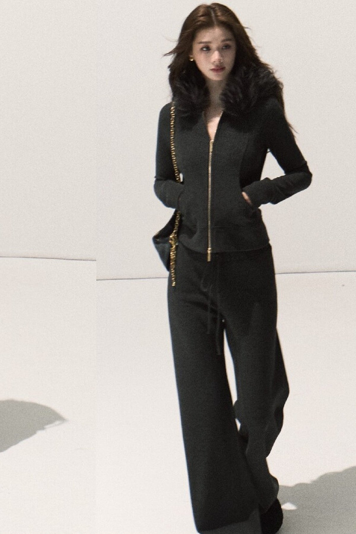 Detachable Fur Collar Knit Jacket and Wide-Leg Pants Set-Up