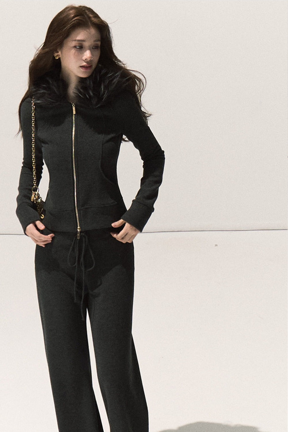 Detachable Fur Collar Knit Jacket and Wide-Leg Pants Set-Up