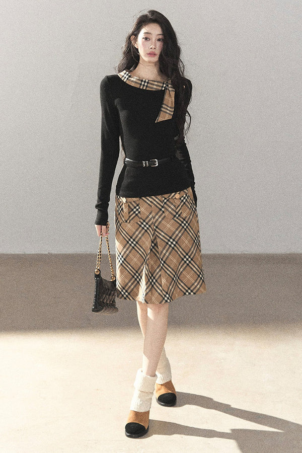 Plaid Collar Top and Skirt Set-Up
