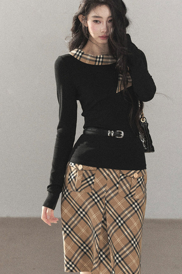 Plaid Collar Top and Skirt Set-Up