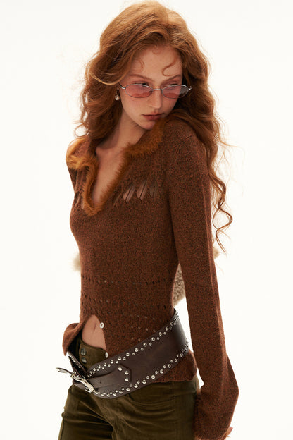 Long-Sleeve Patchwork Hollow-Out Lapel Sweater