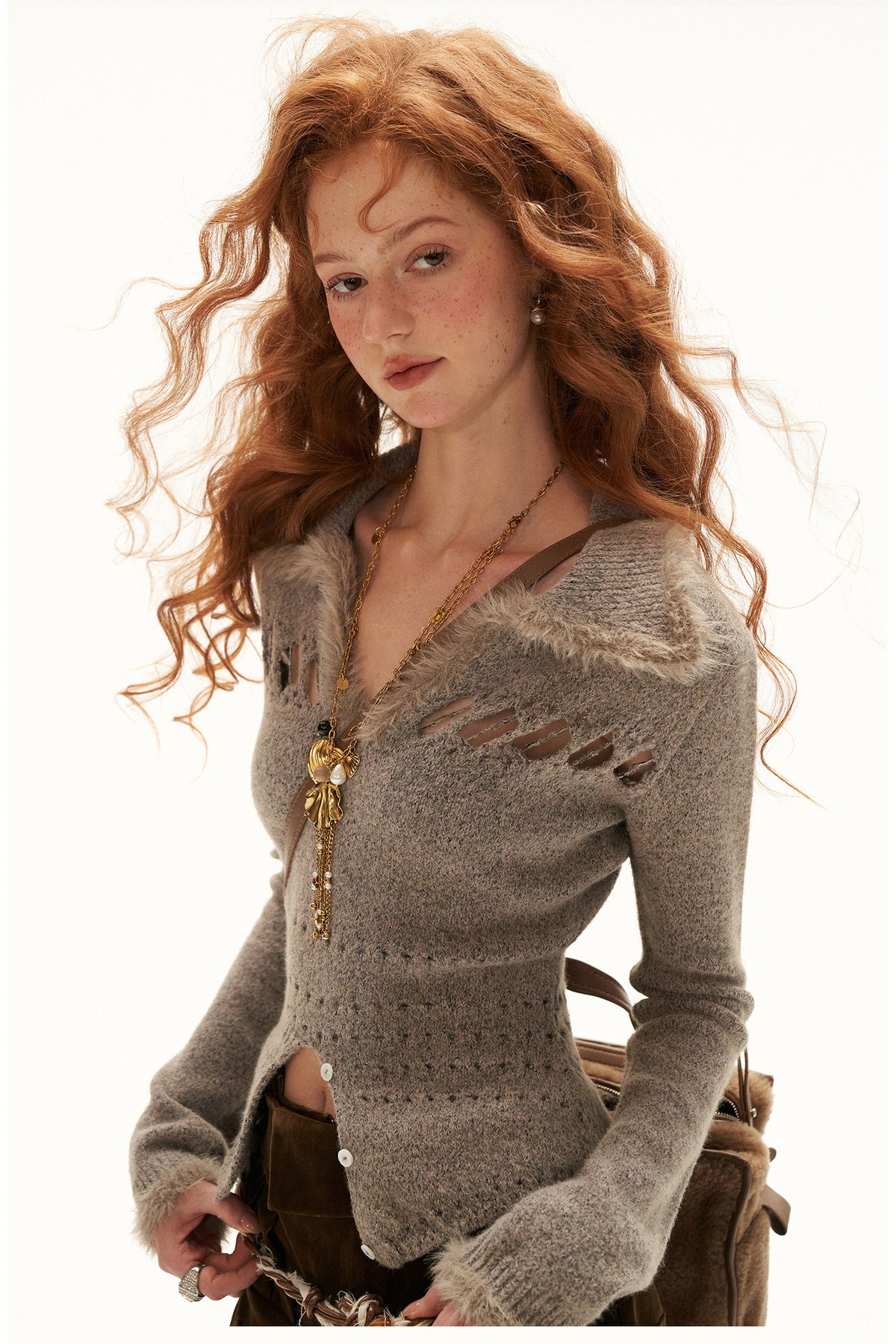 Long-Sleeve Patchwork Hollow-Out Lapel Sweater