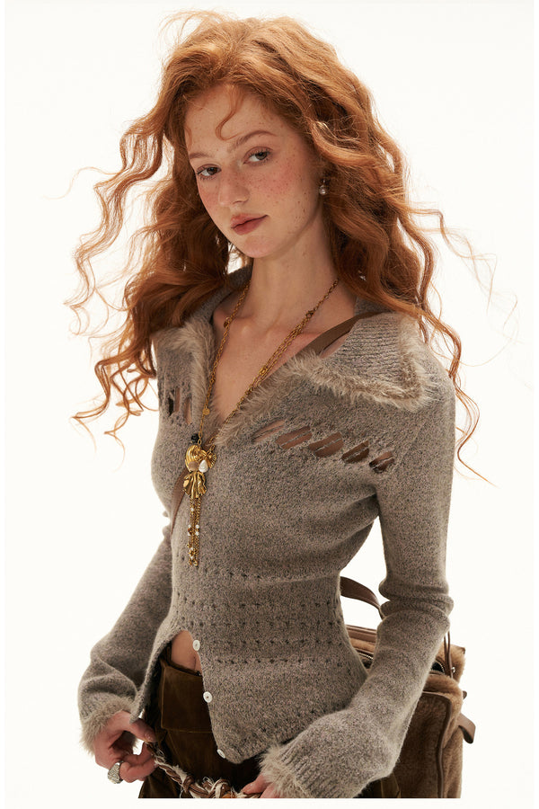 Long-Sleeve Patchwork Hollow-Out Lapel Sweater