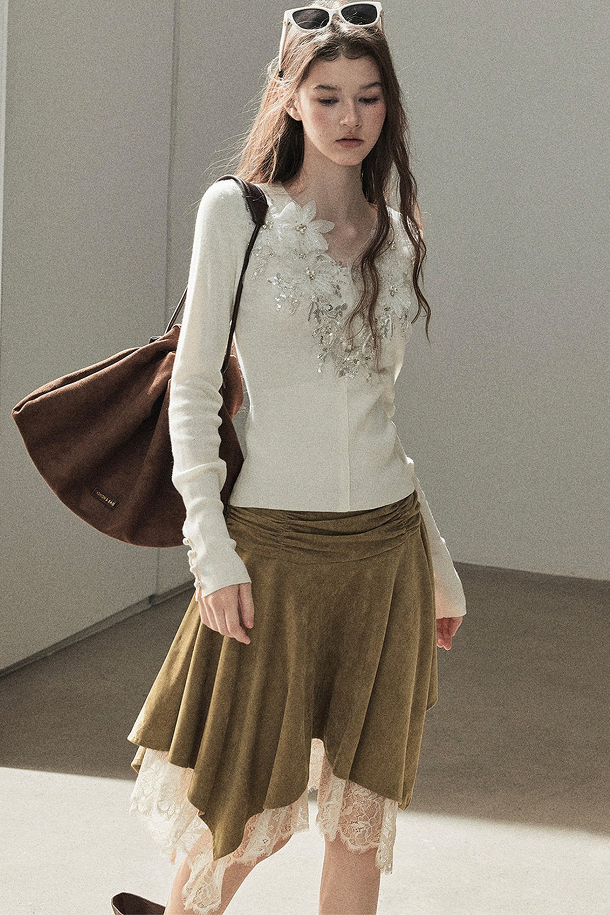Irregular Faux Suede Lace Skirt