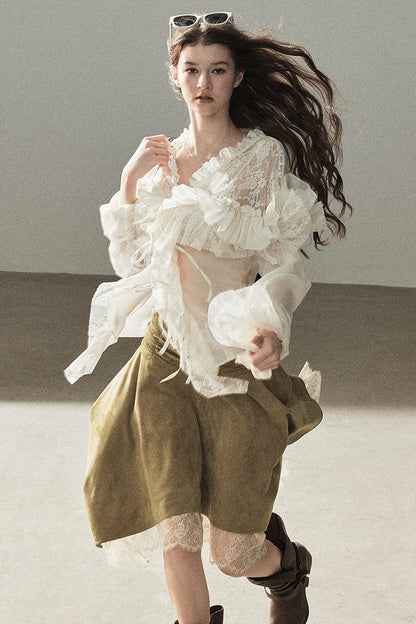 Irregular Faux Suede Lace Skirt