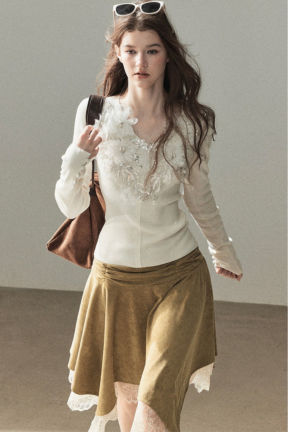 Irregular Faux Suede Lace Skirt