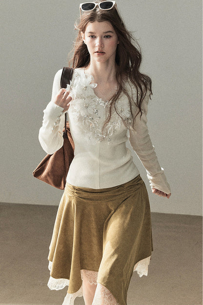 Irregular Faux Suede Lace Skirt