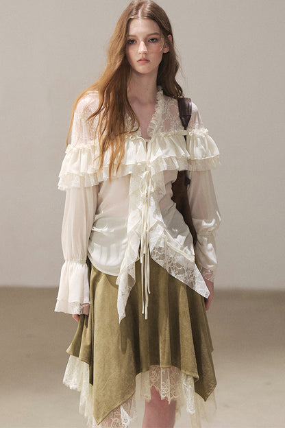 Irregular Faux Suede Lace Skirt