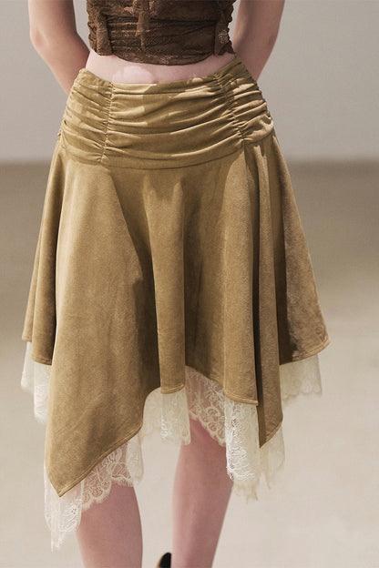 Irregular Faux Suede Lace Skirt