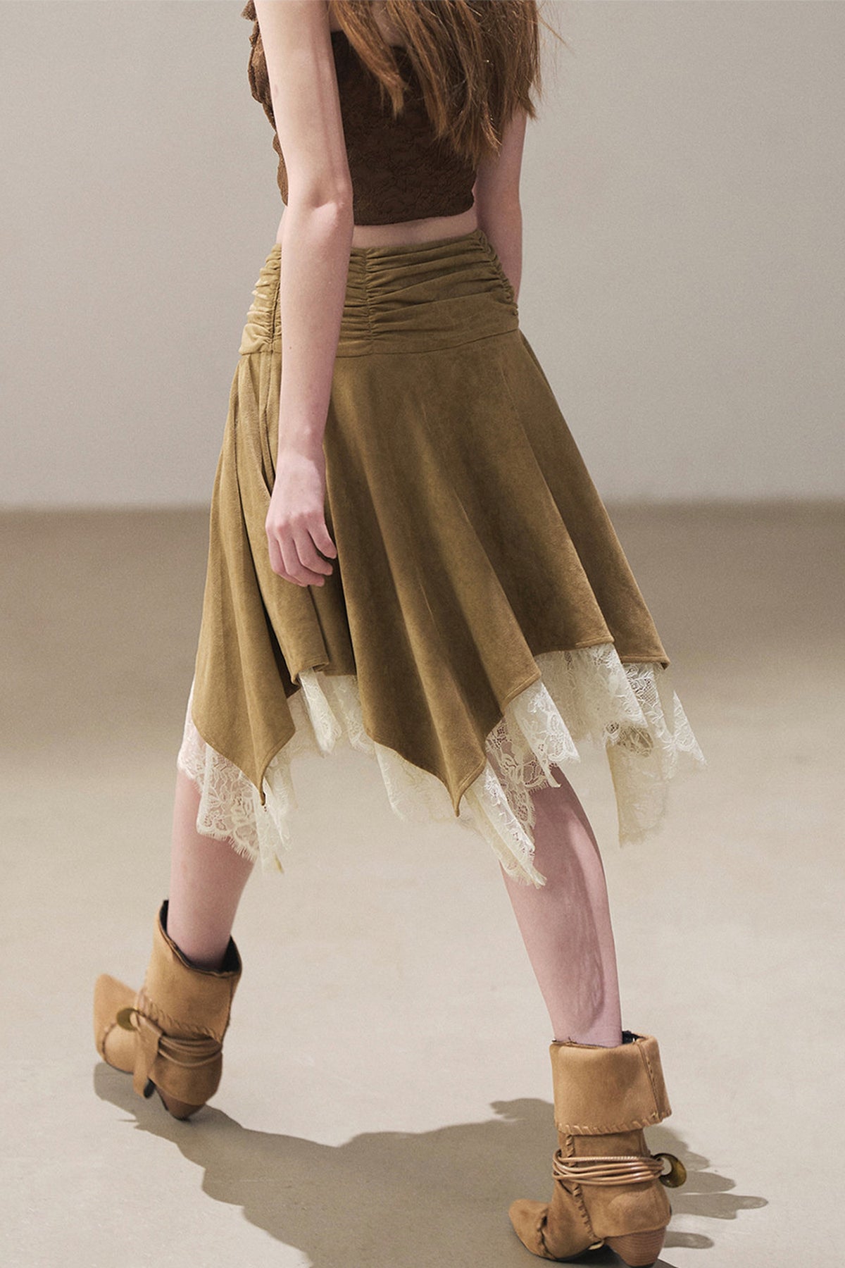 Irregular Faux Suede Lace Skirt