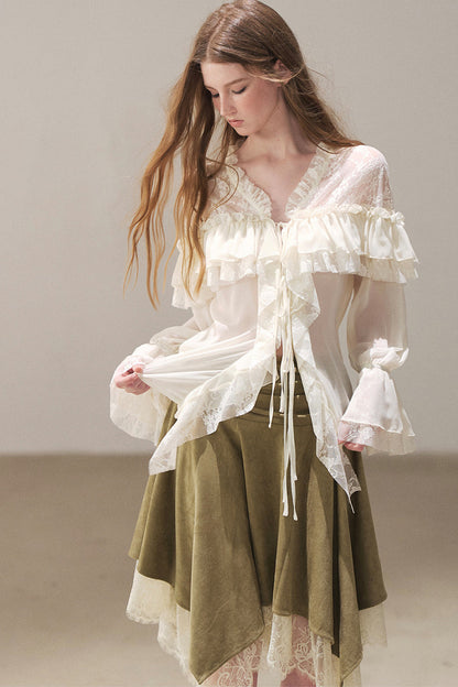 Irregular Faux Suede Lace Skirt