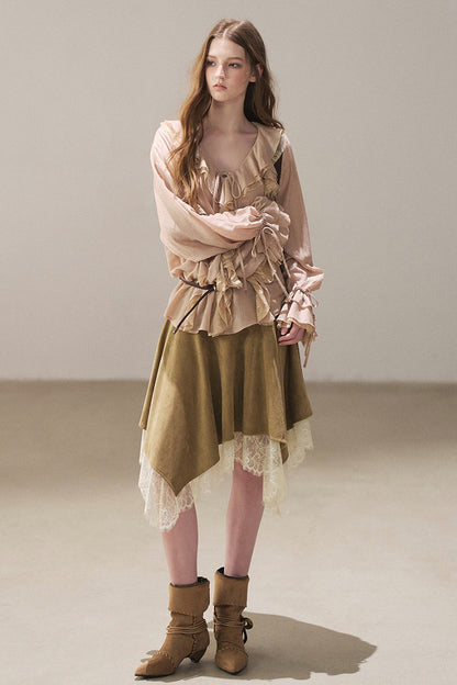 Irregular Faux Suede Lace Skirt
