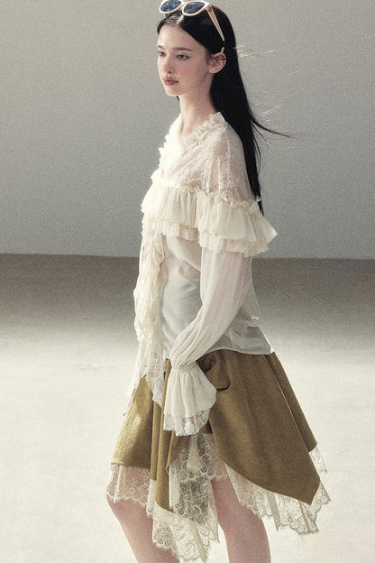 Irregular Faux Suede Lace Skirt