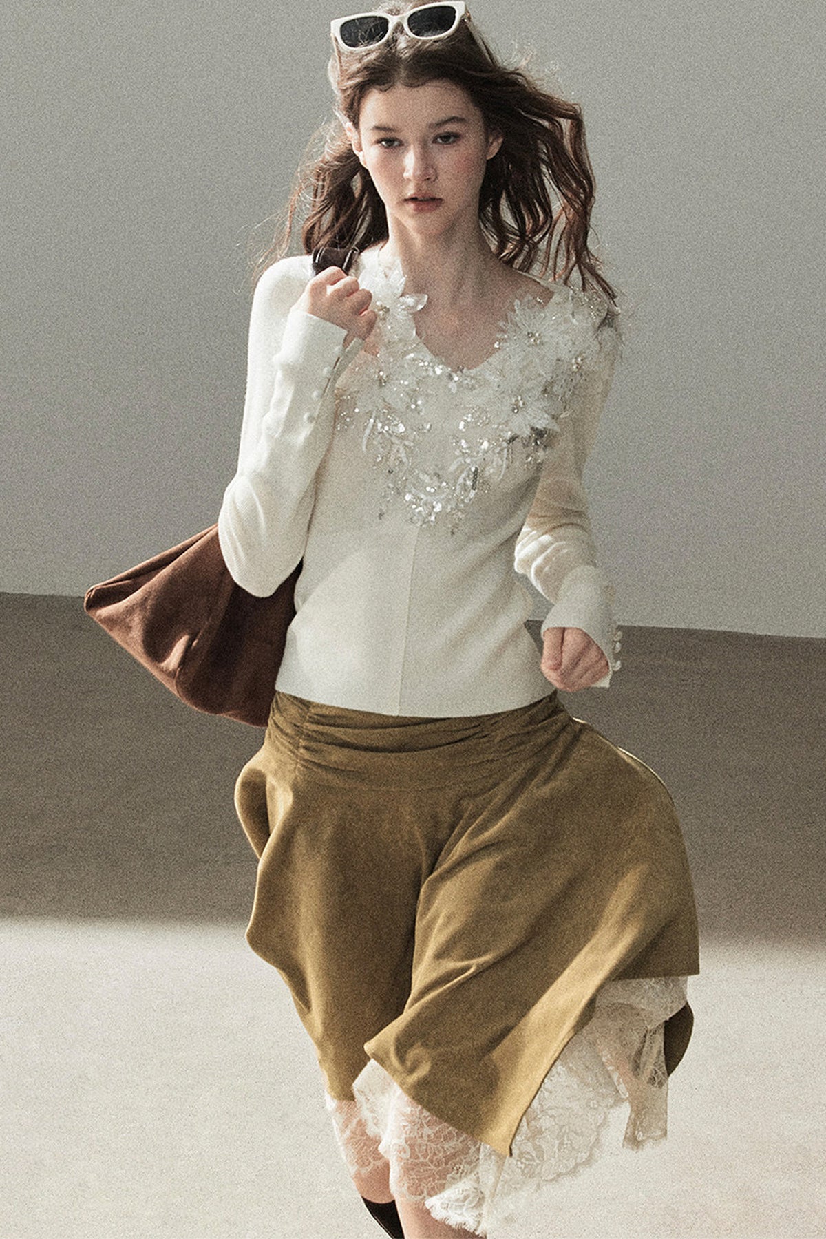 Irregular Faux Suede Lace Skirt
