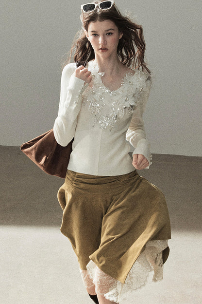 Irregular Faux Suede Lace Skirt