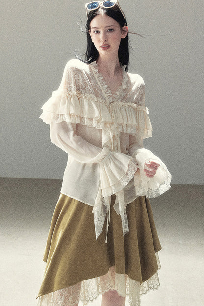 Irregular Faux Suede Lace Skirt