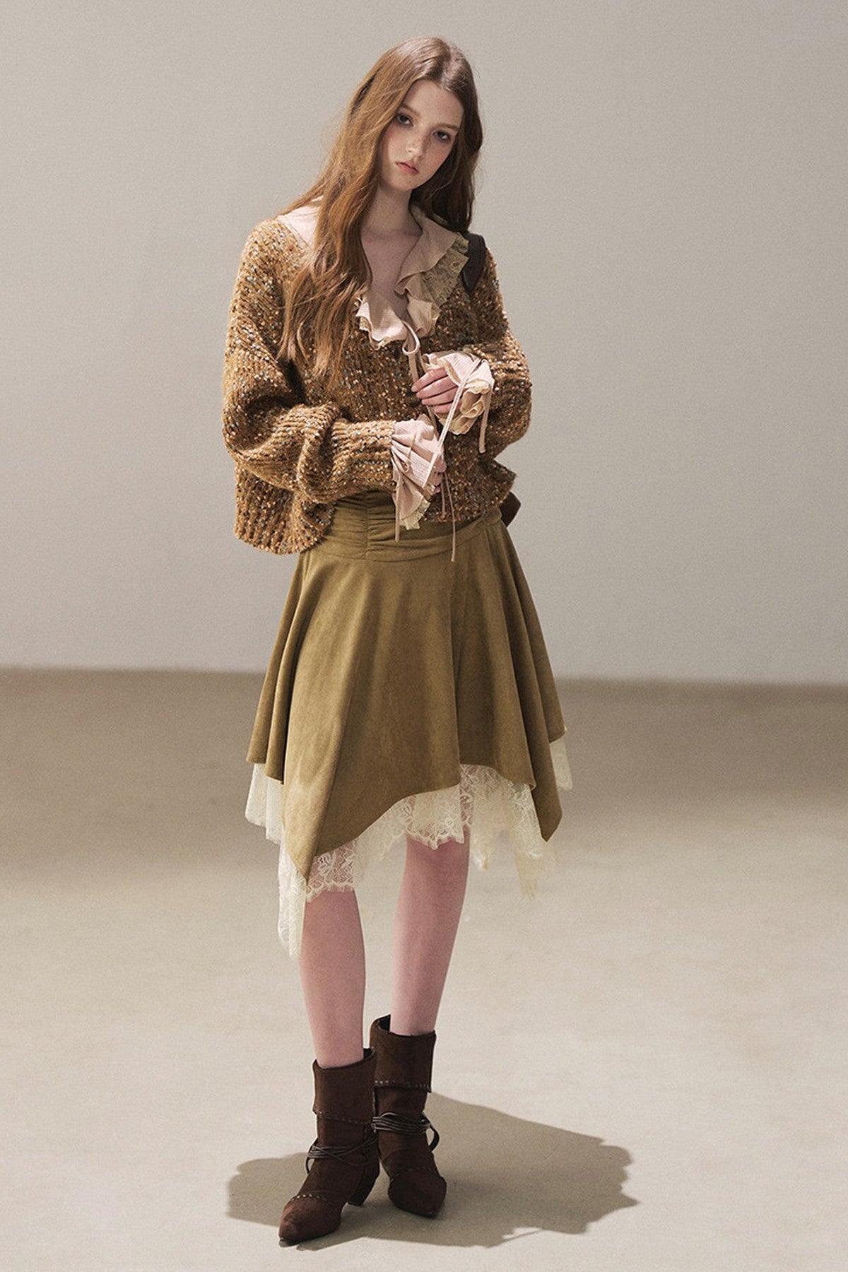 Irregular Faux Suede Lace Skirt