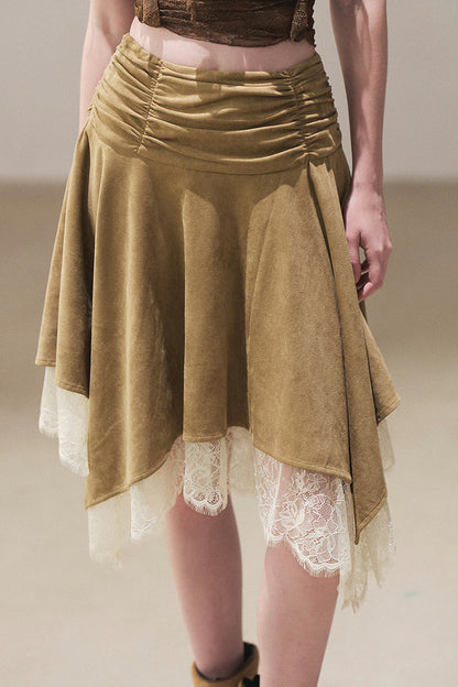 Irregular Faux Suede Lace Skirt