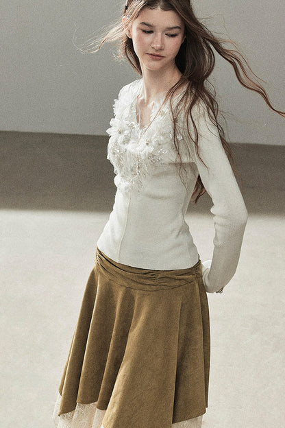 Irregular Faux Suede Lace Skirt