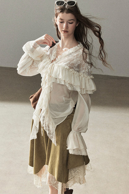 Irregular Faux Suede Lace Skirt