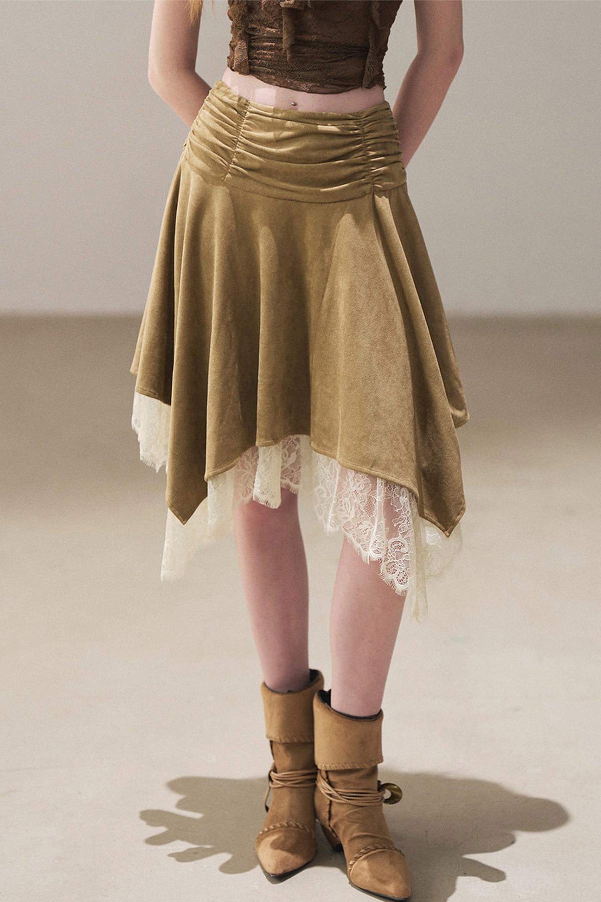 Irregular Faux Suede Lace Skirt