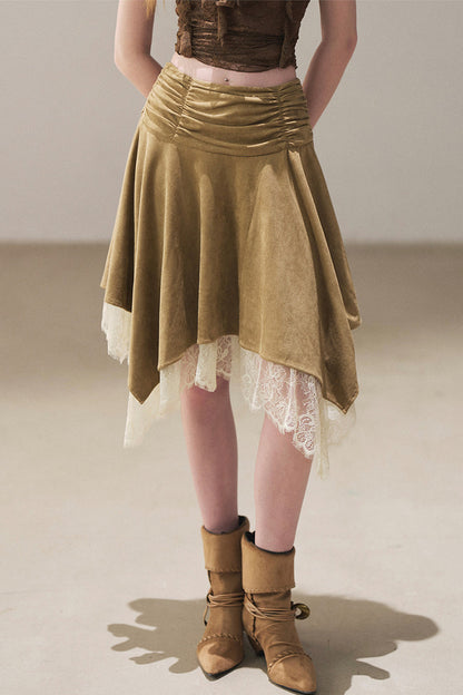 Irregular Faux Suede Lace Skirt