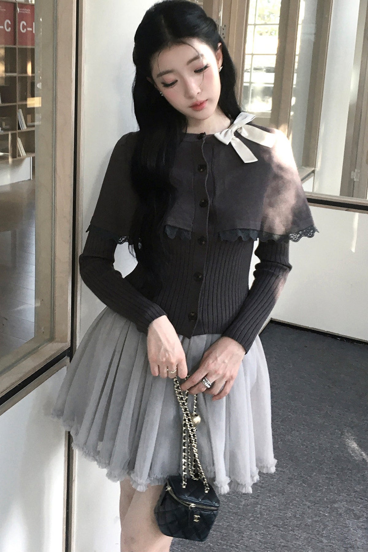 Layered-Look Knit Sweater and Skirt Set-Up