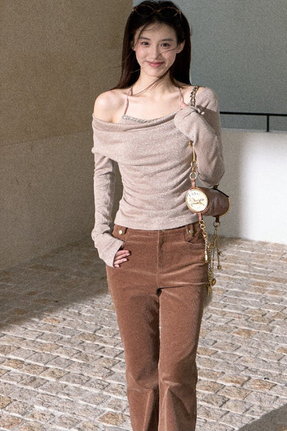 High-Waisted Corduroy Flared Belt Loops Pants