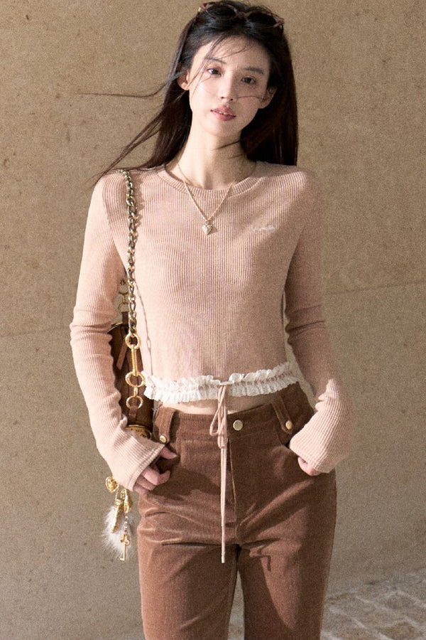 Lace Knit Long-Sleeve Top and Drape Velvet Straight-Leg Pants Set-Up