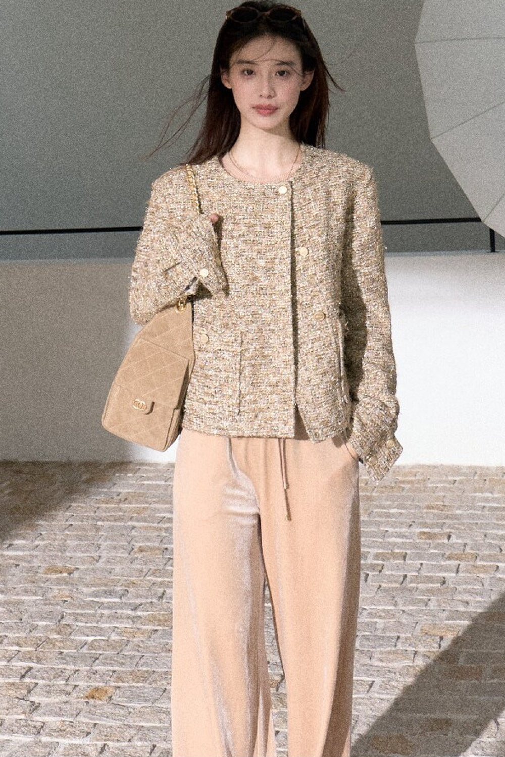 Lace Knit Long-Sleeve Top and Drape Velvet Straight-Leg Pants Set-Up