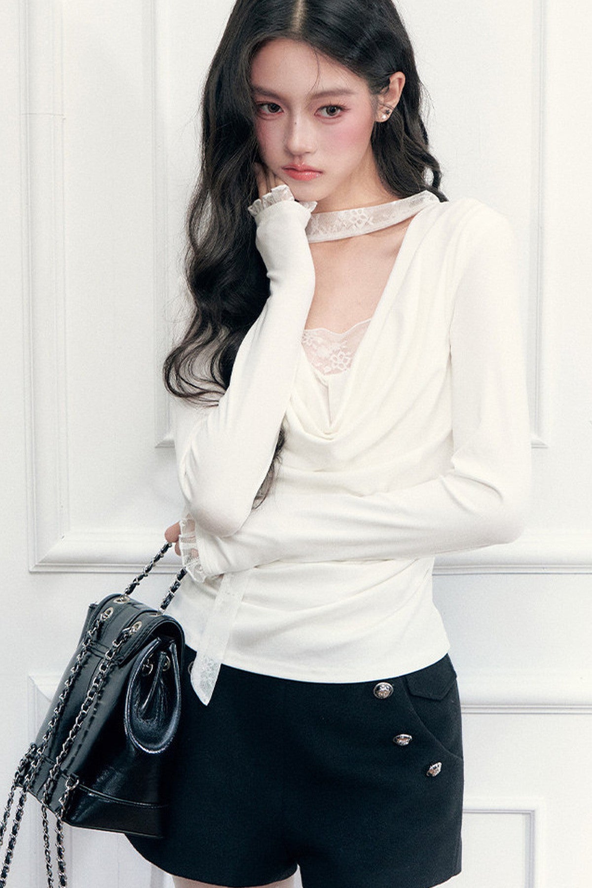 Lace Draped Neckline Long Sleeve Top