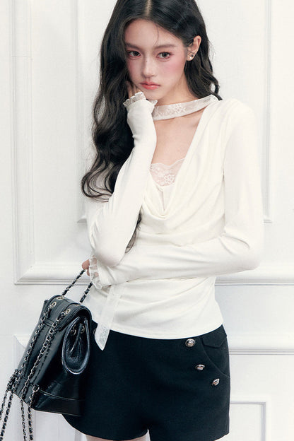 Lace Draped Neckline Long Sleeve Top