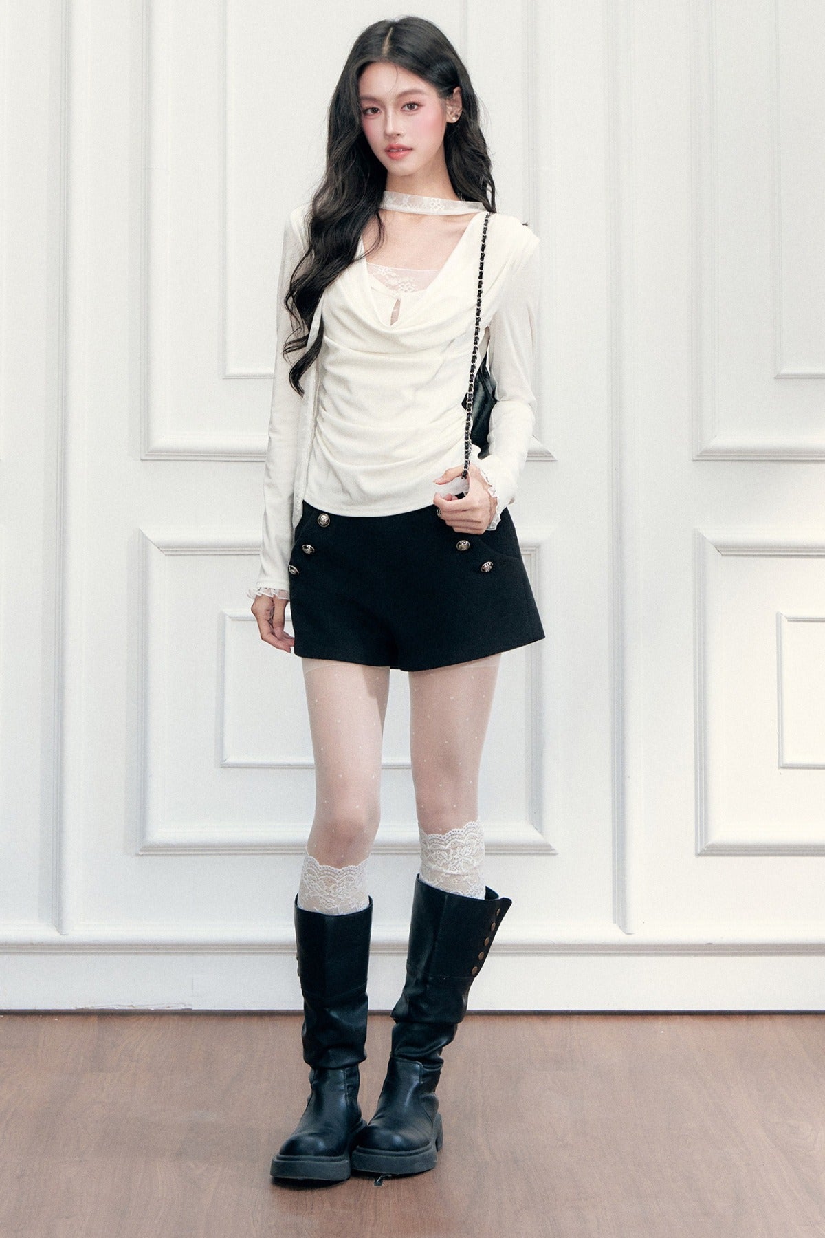 Lace Draped Neckline Long Sleeve Top