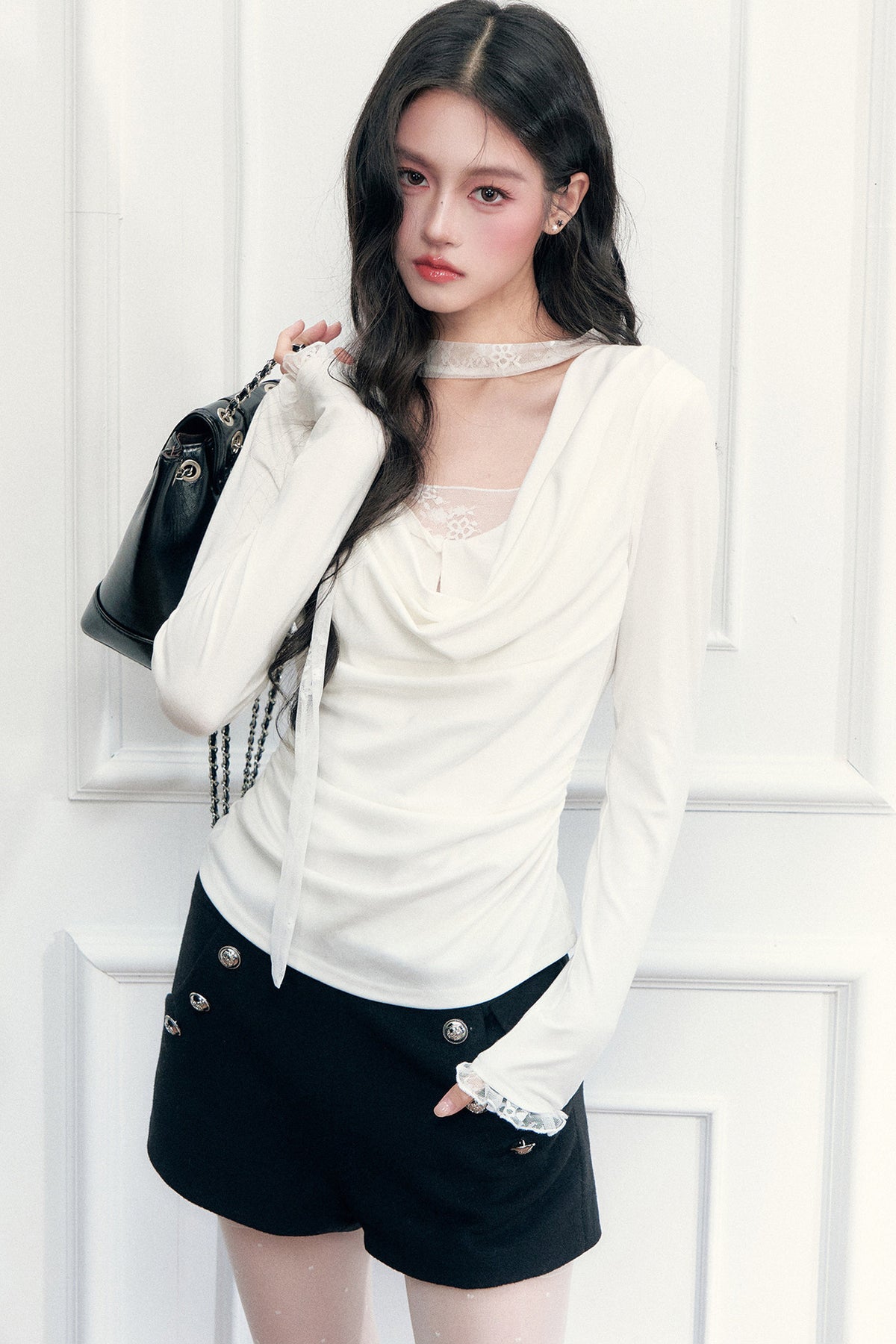 Lace Draped Neckline Long Sleeve Top