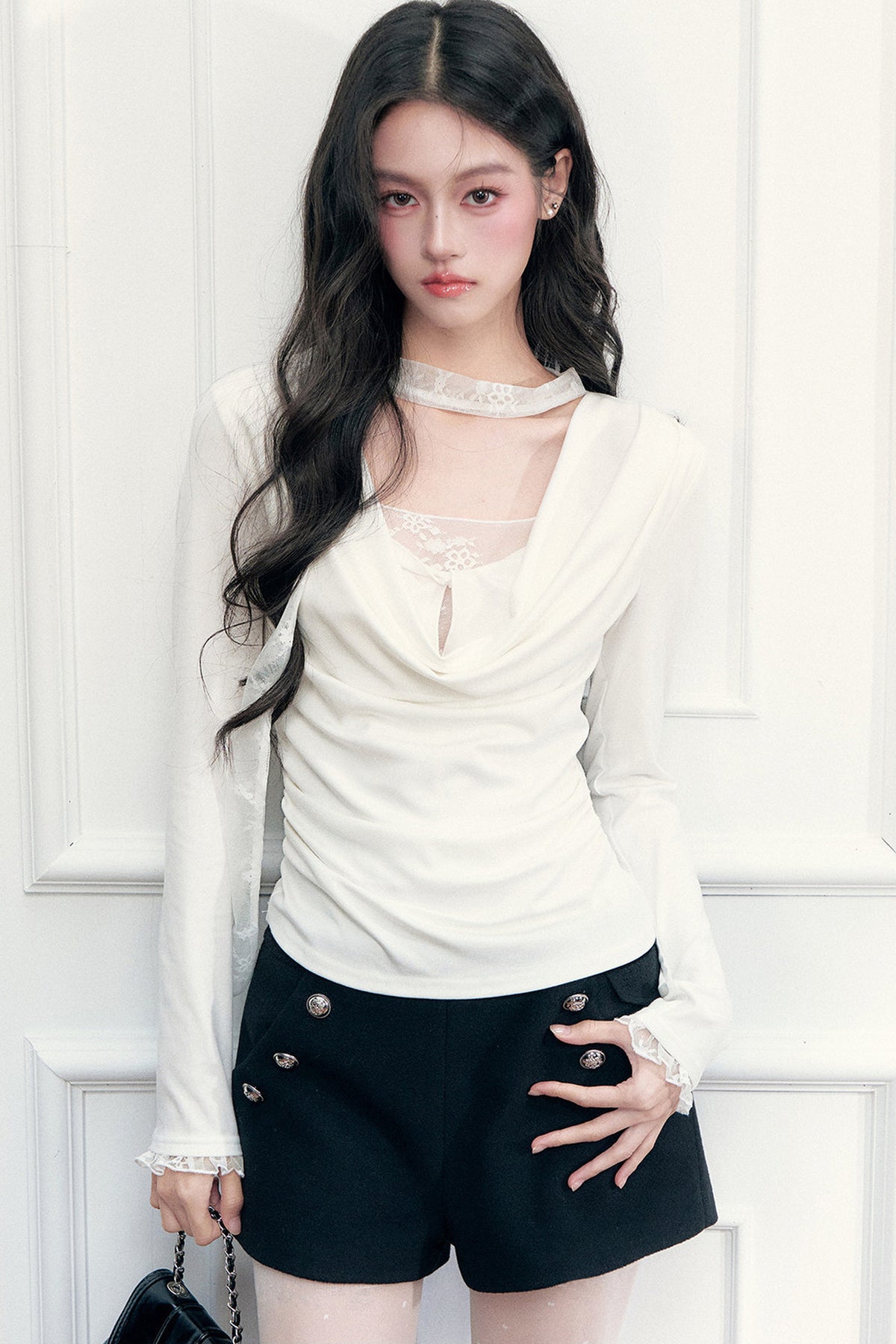 Lace Draped Neckline Long Sleeve Top