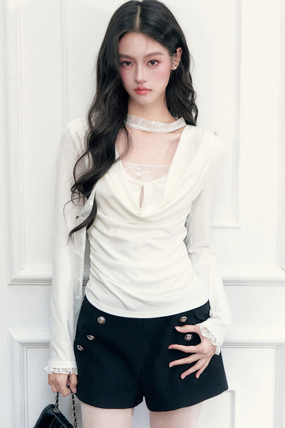 Lace Draped Neckline Long Sleeve Top