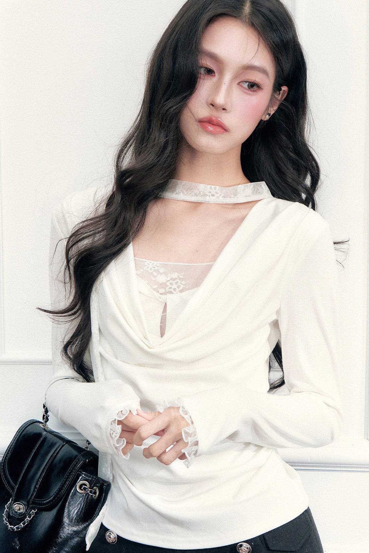 Lace Draped Neckline Long Sleeve Top
